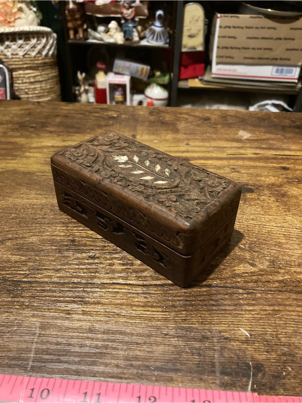 Vintage hand carved wooden trinket box